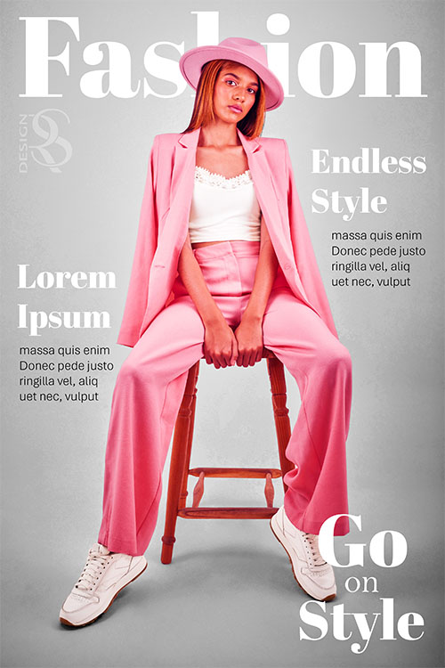 Modemagazin-Layout mit eleganter Typografie und stylischem Fashion-Fotografie