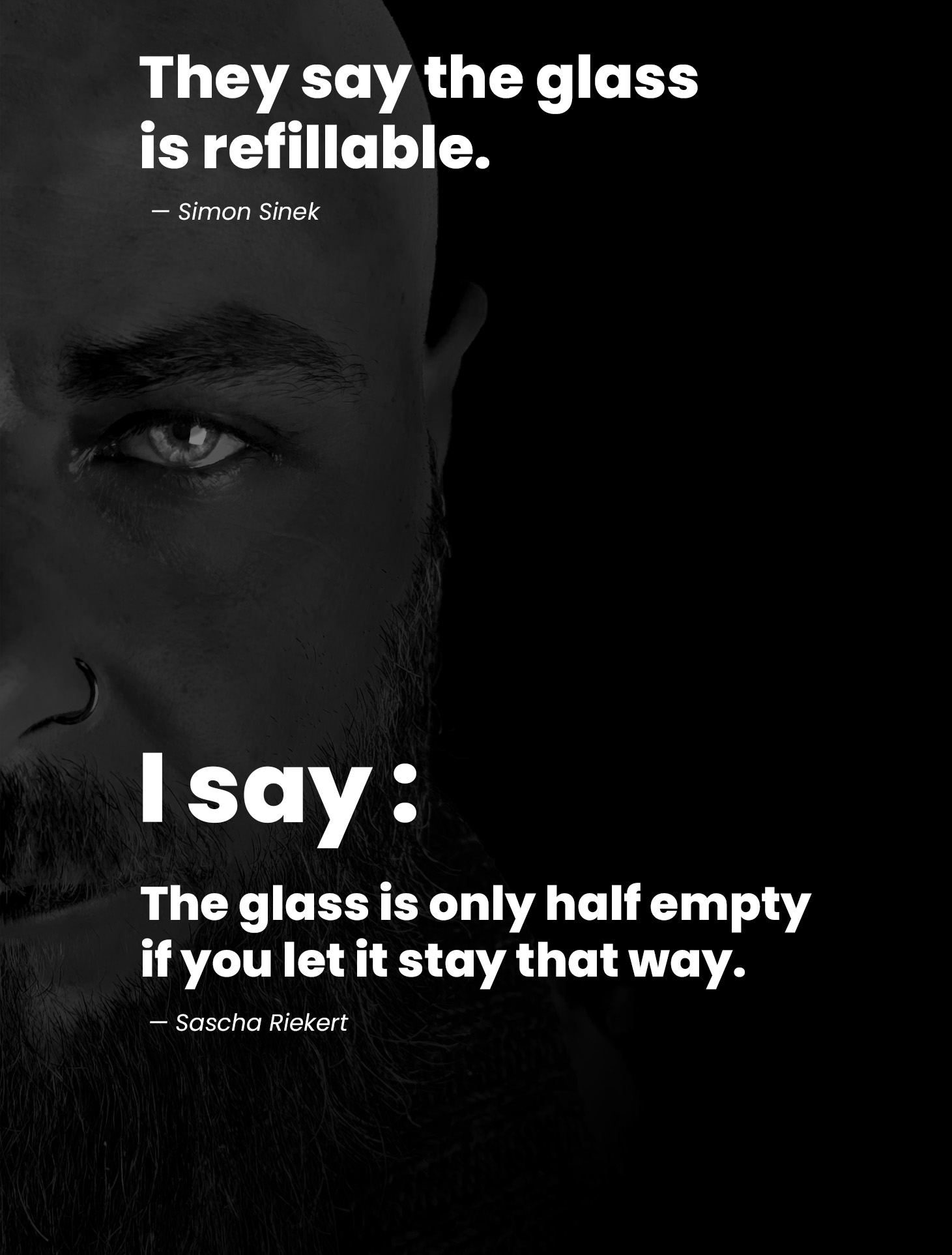 Motivationsbild mit einem halb leeren Glas und inspirierendem Zitat von Sascha Riekert