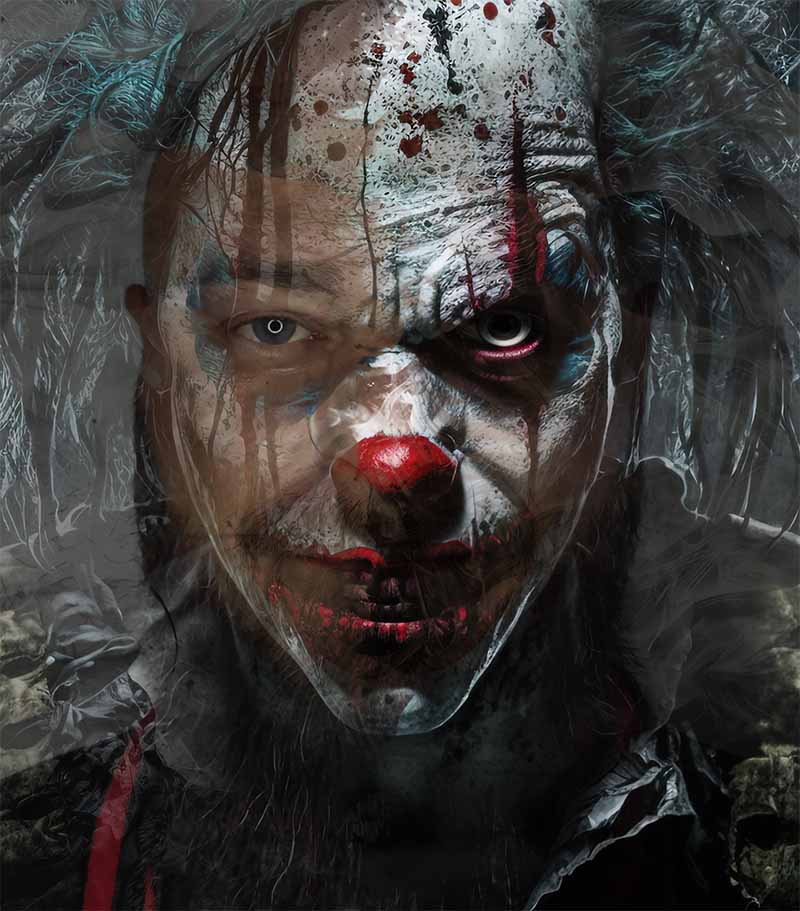 Dramatische Joker-Illustration mit intensiven Farben und theatralischem Ausdruck