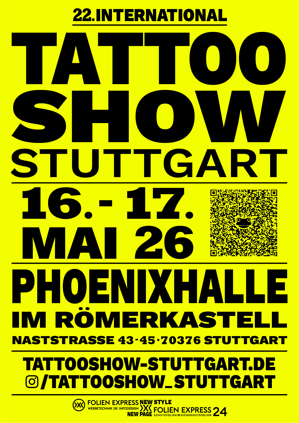 Hochformat Poster für eine Tattoo Show mit dunklem Hintergrund und auffälliger Typografie